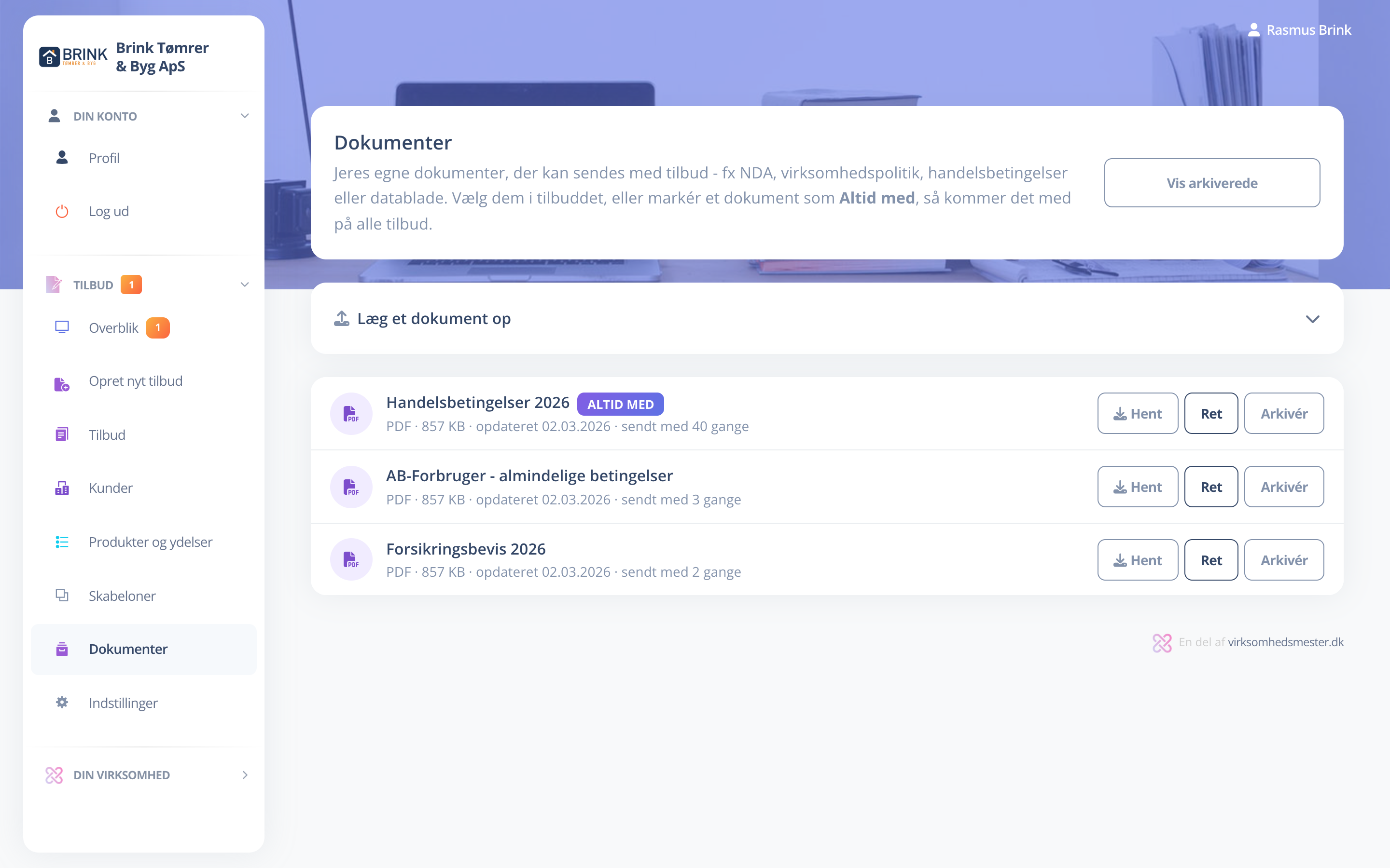 Dokumenter, der sendes med tilbuddene - fx handelsbetingelser