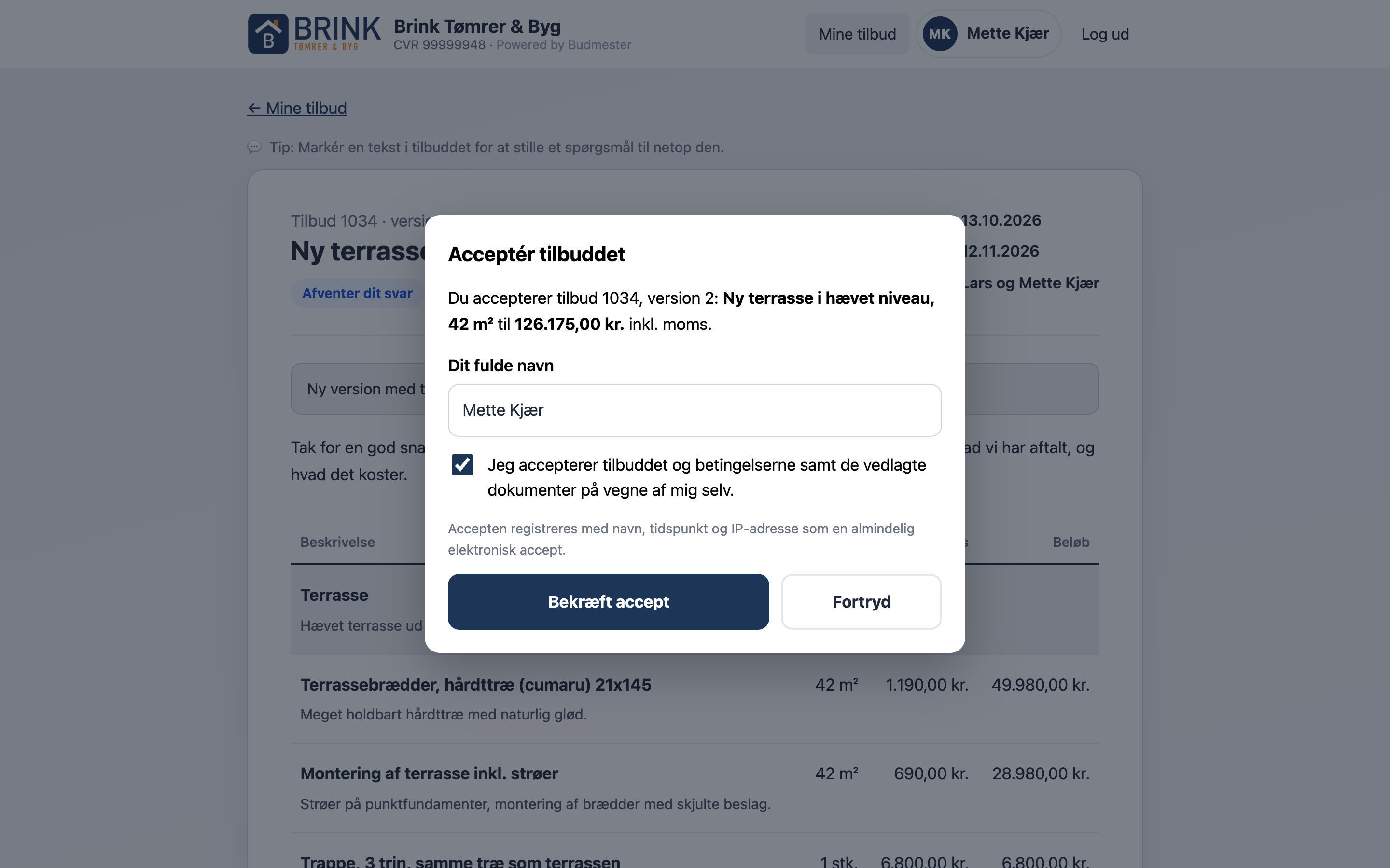 Digital accept af tilbuddet med navn og bekræftelse